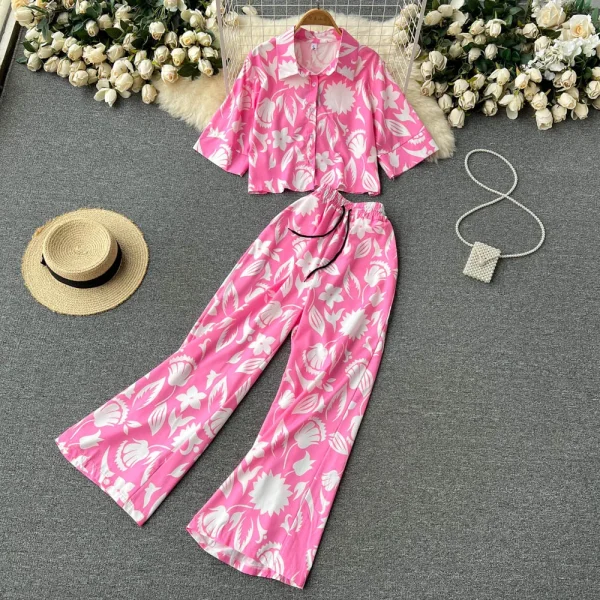 LE4200 Holiday Style Printed Short-Sleeved Polo Collar Shirt Straight Leg Loose Casual Wide-Leg Long Pants Two-Piece Suit Woman - Image 3